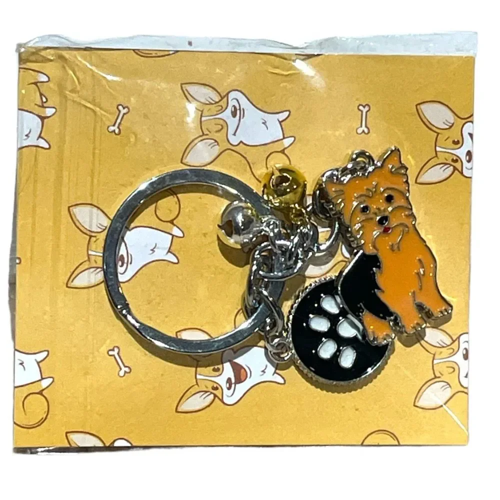 Yorkie and Bells Pet Keychain Silver Brown Black
